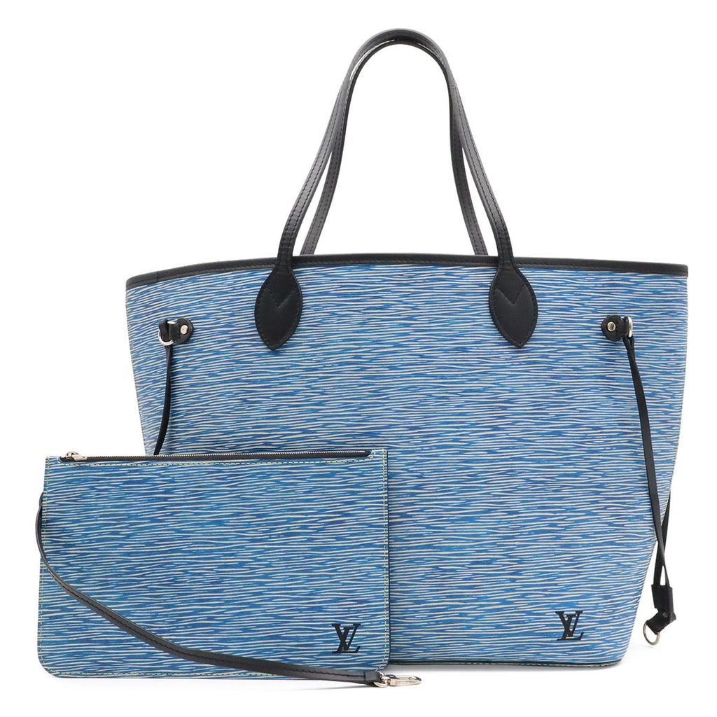 Louis Vuitton Epi Denim Neverfull MM Tote Shoulder Bag with Leather Blue Pouch