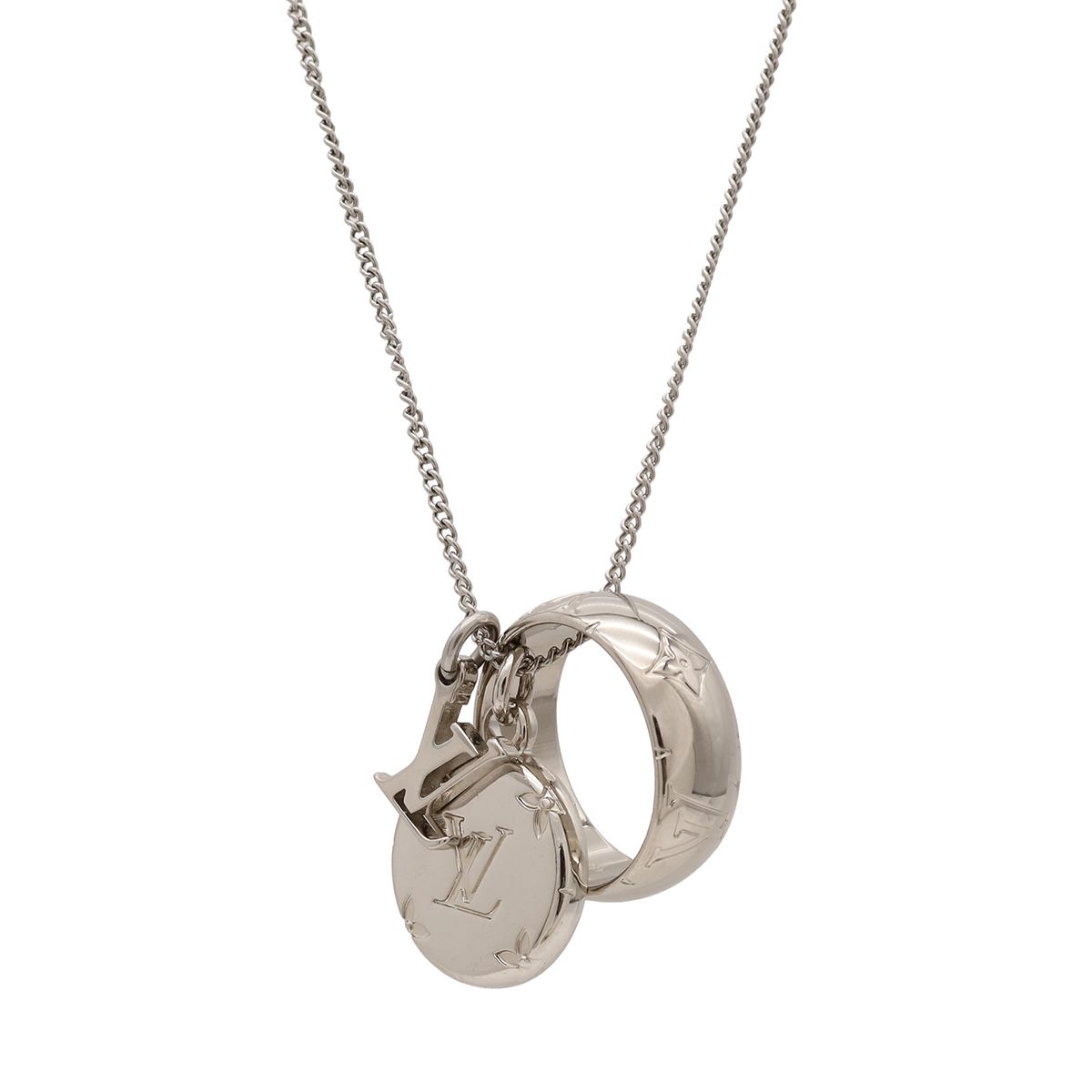 Louis Vuitton Ring Necklace Monogram Pendant Logo Charm Silver