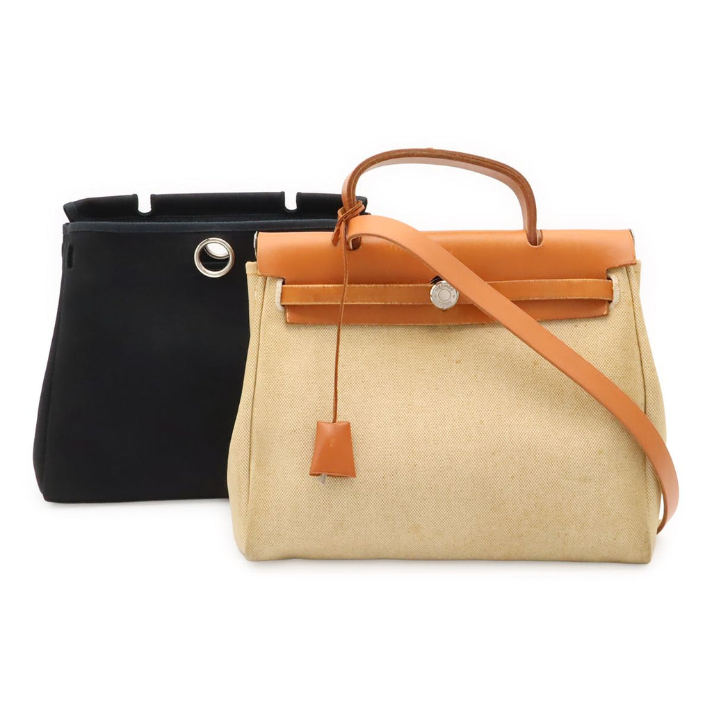 Hermes Herbag PM 2-Way Shoulder Bag Toile Officier GM Black Natural