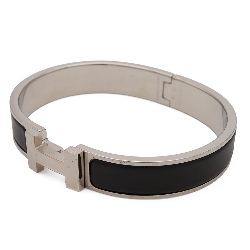 Hermes Click HH Enamel Bracelet Bangle Metal Silver Noir Matte Black
