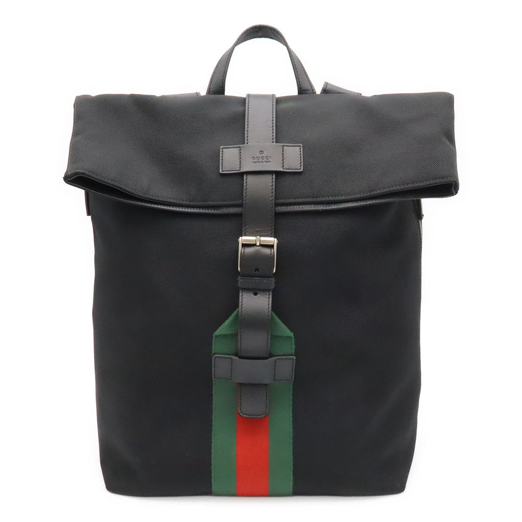 Gucci Band Techno Canvas Web Line Sherry Backpack Leather Black Green