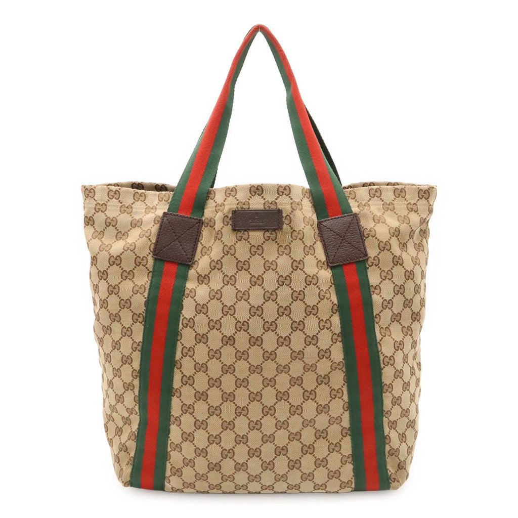 Gucci GG Canvas Sherry Line Tote Shoulder Leather Khaki Beige Green