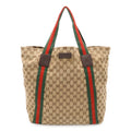Gucci GG Canvas Sherry Line Tote Shoulder Leather Khaki Beige Green