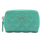 Chanel Quilted CC Logo Zip Coin Purse Zip Around Lambskin Leather Emerald Green