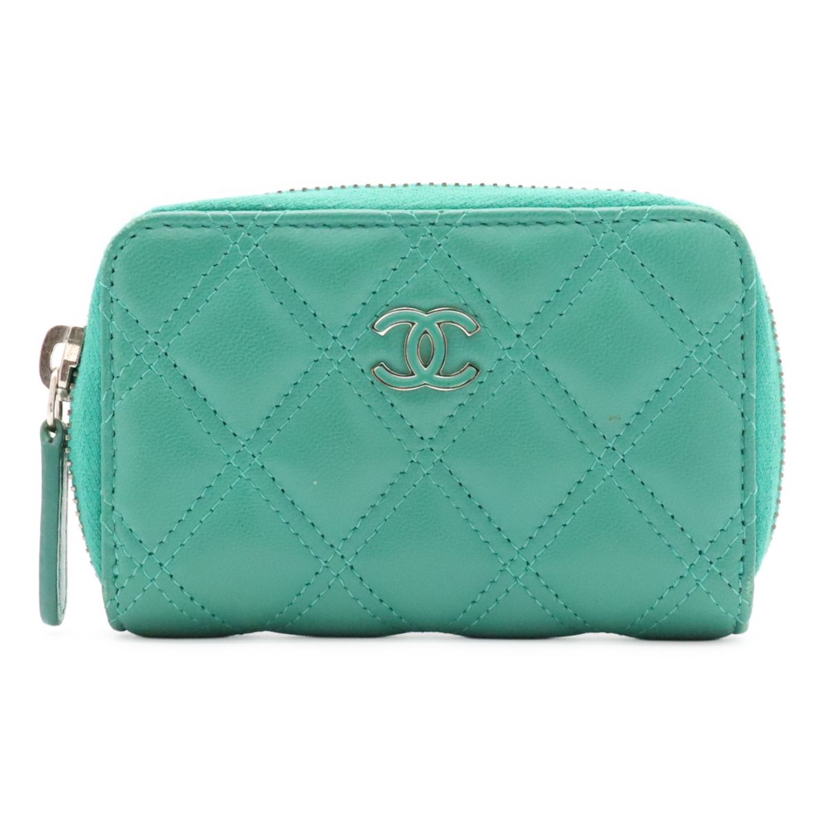 Chanel Quilted CC Logo Zip Coin Purse Zip Around Lambskin Leather Emerald Green