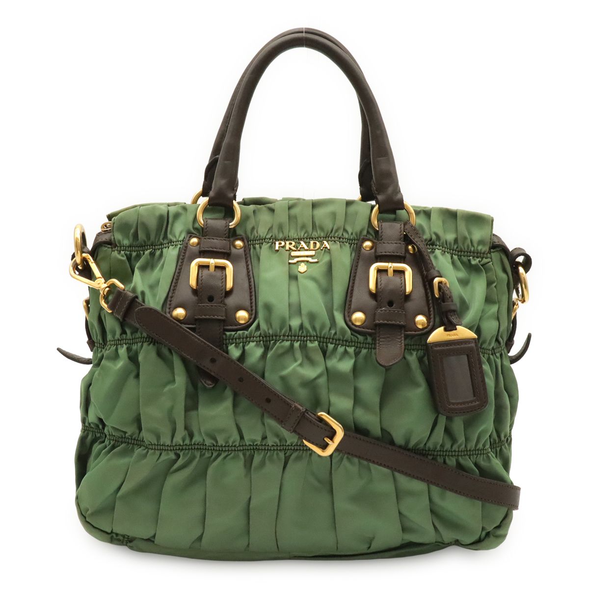 Prada Tessuto Gathered Tote 2-Way Shoulder Bag Nylon Khaki Brown