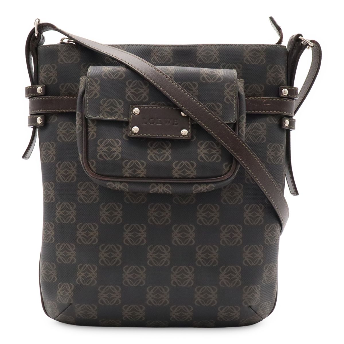 Loewe Repeat Anagram Shoulder Bag Crossbody Leather Black Dark Brown Silver