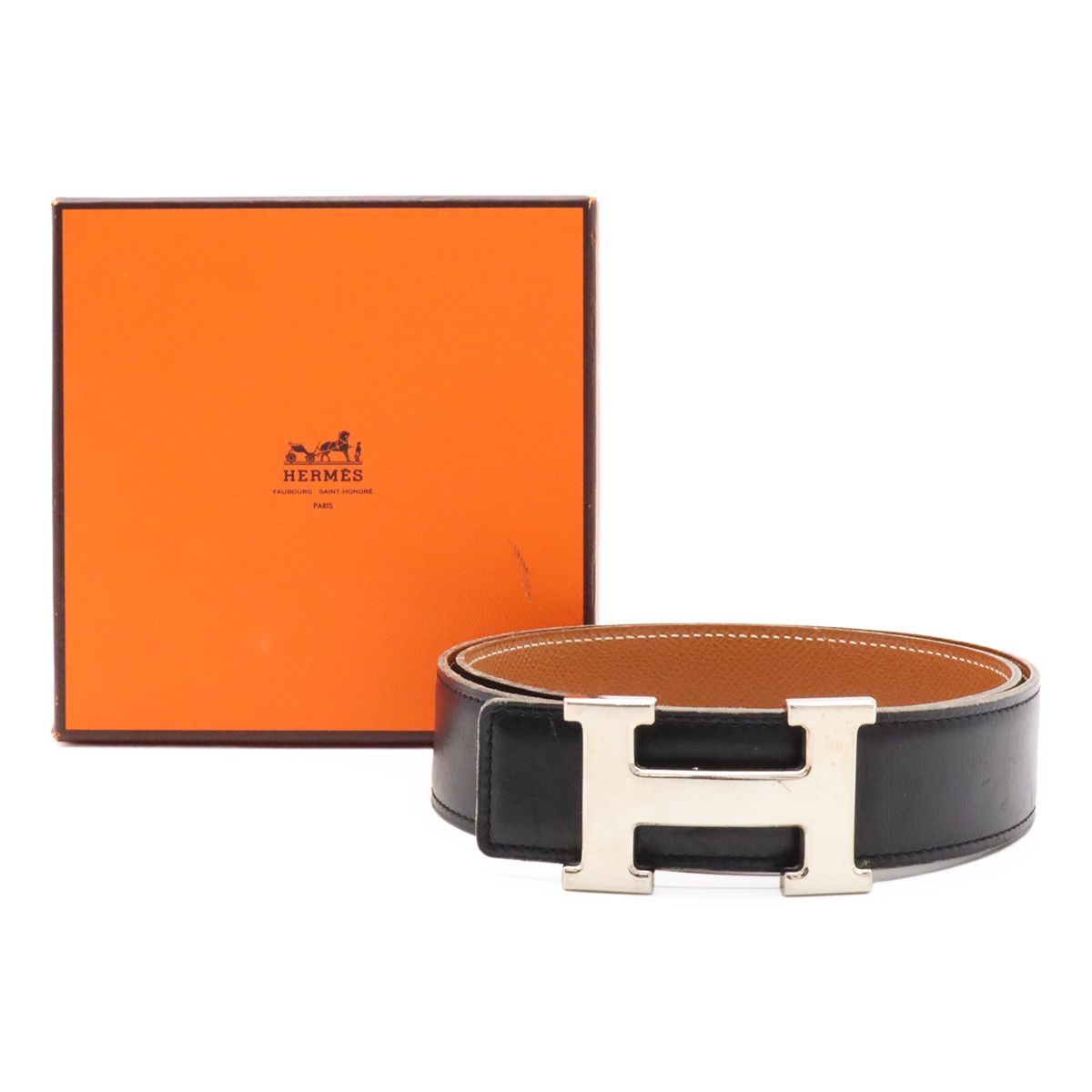 Hermes Belt Buckle Reversible Box Calf Veau Epsom Black Brown Silver 70 — view 9