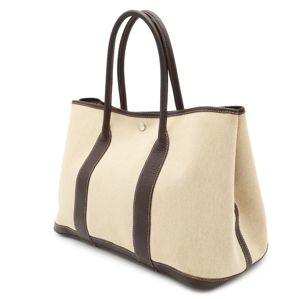 Hermes Garden Party PM Tote Shoulder Bag Toile Ash Leather Natural Ivory Brown — view 2