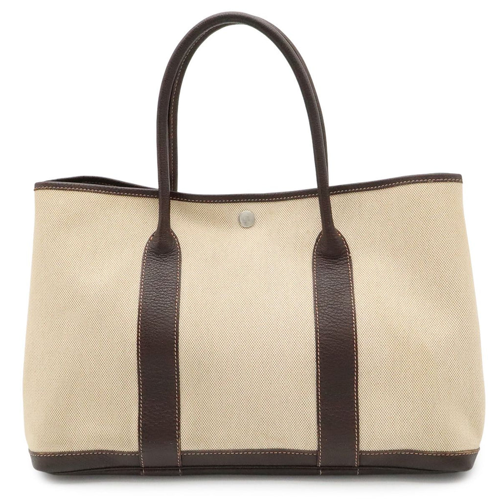 Hermes Garden Party PM Tote Shoulder Bag Toile Ash Leather Natural Ivory Brown