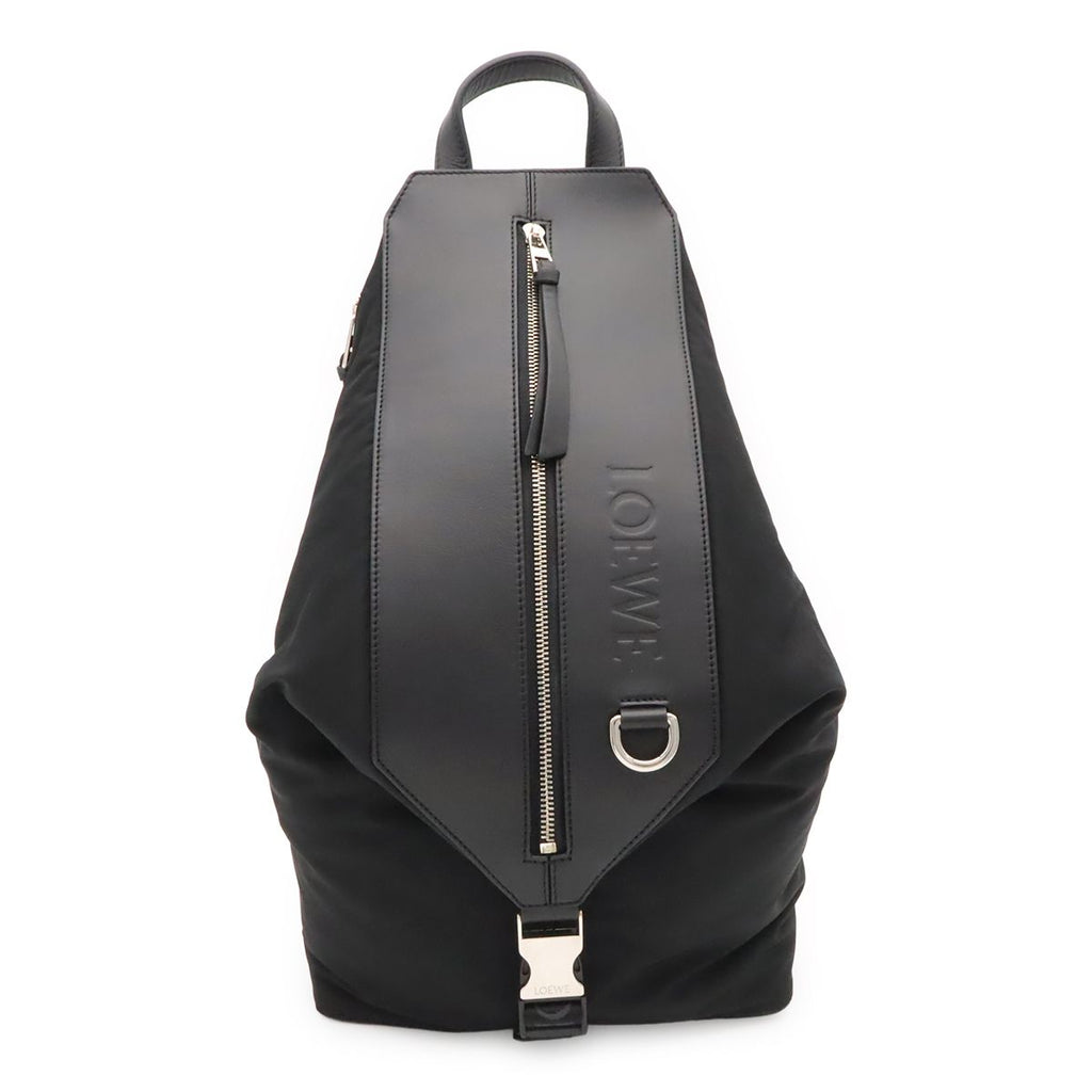 Loewe Convertible Backpack Small Shoulder Bag Nylon Leather Black Silver