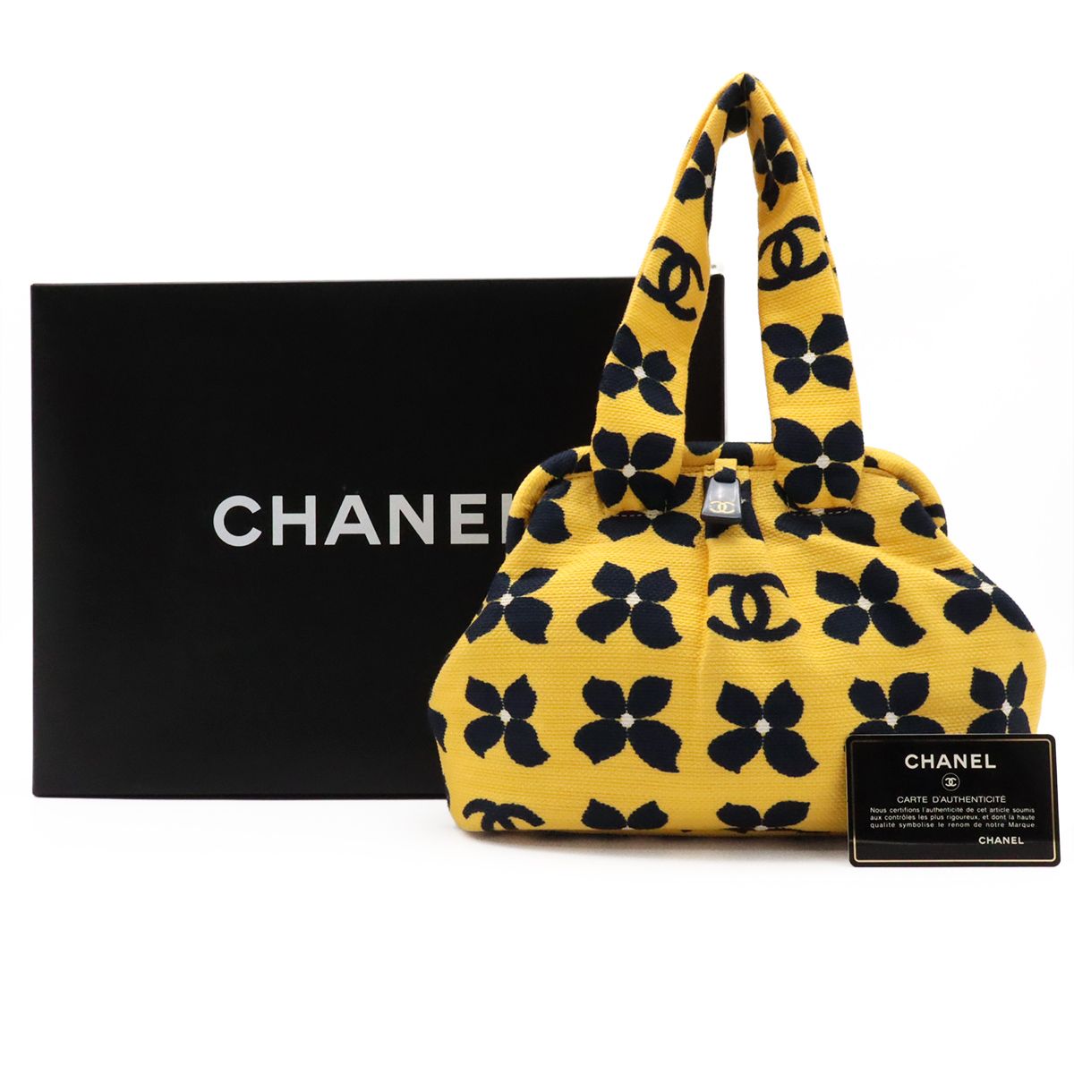 Chanel CC Logo Flower Floral Pattern Handbag Kiss Lock Canvas Yellow Black — view 9