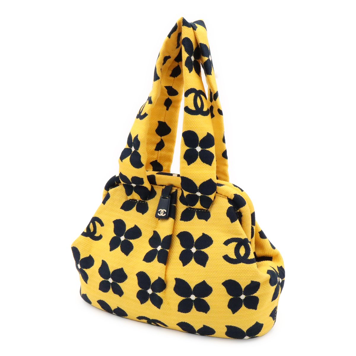 Chanel CC Logo Flower Floral Pattern Handbag Kiss Lock Canvas Yellow Black — view 2