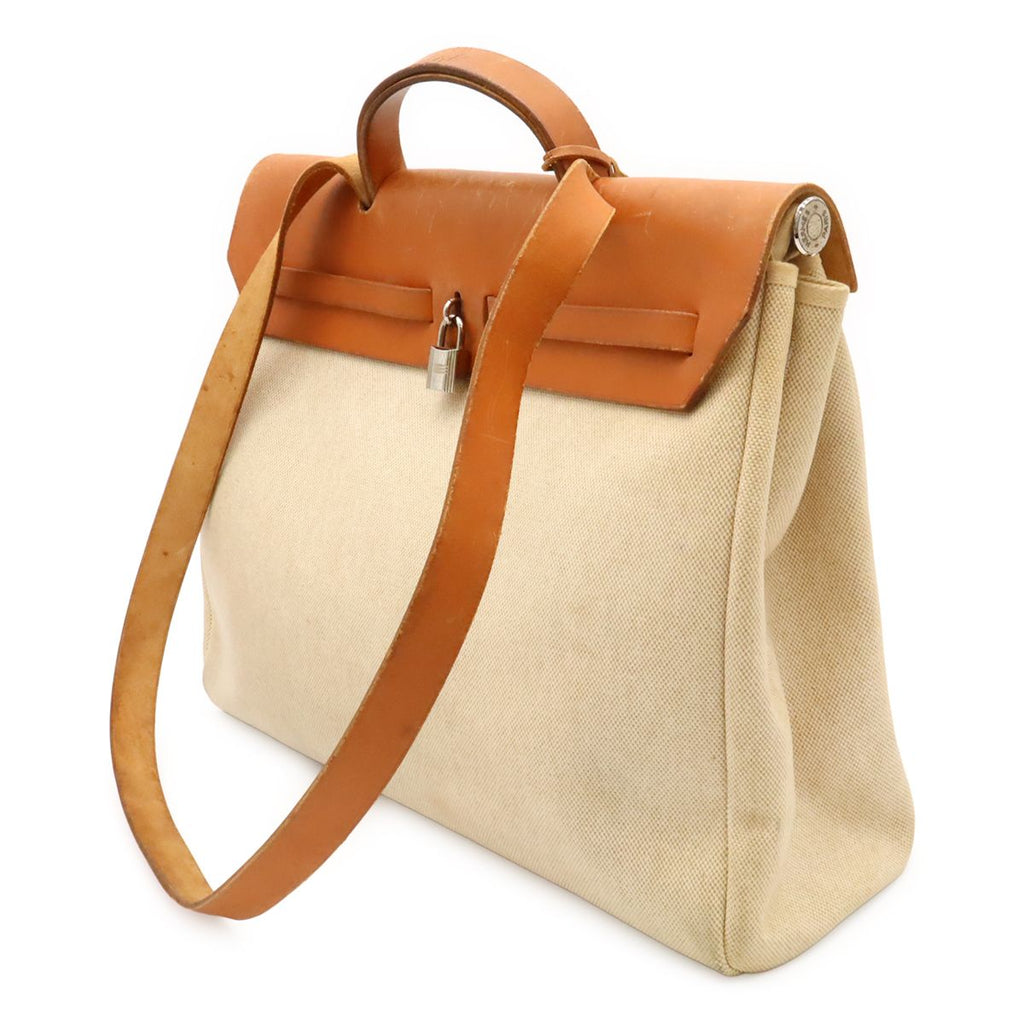 Hermes Herbag MM 2-Way Shoulder Bag Toile Ash Leather Natural Brown — view 2