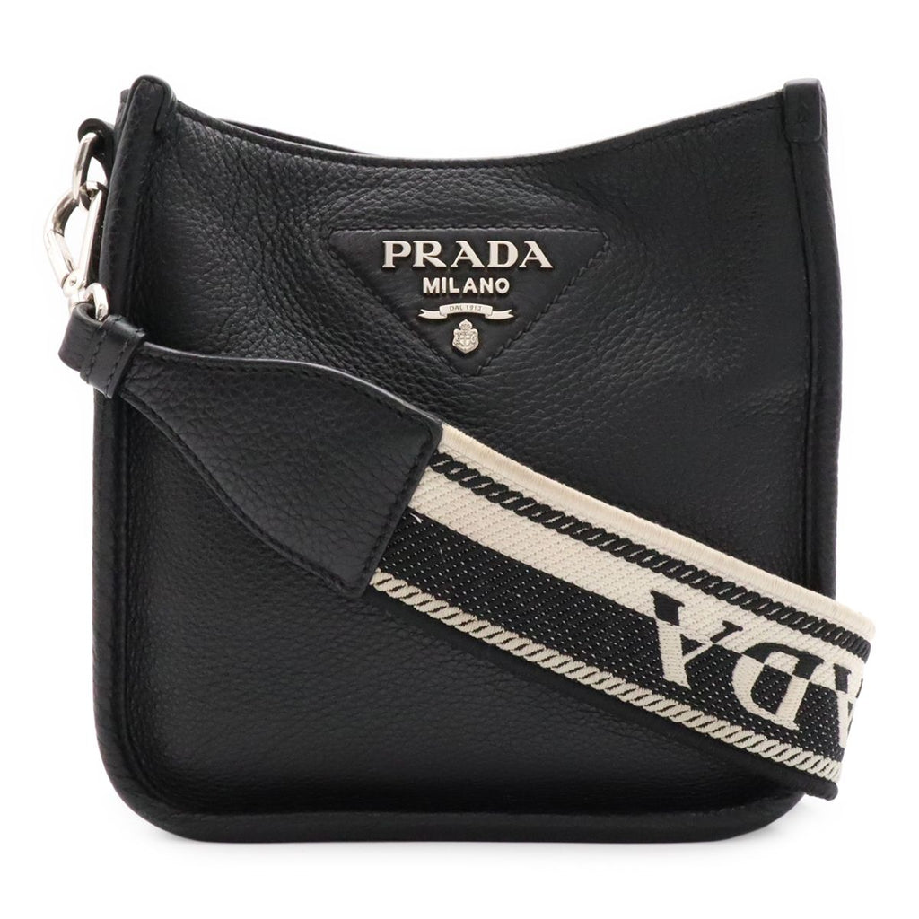 Prada Vitello Daino Soft Leather Mini Shoulder Bag Striped Crossbody Nero Black