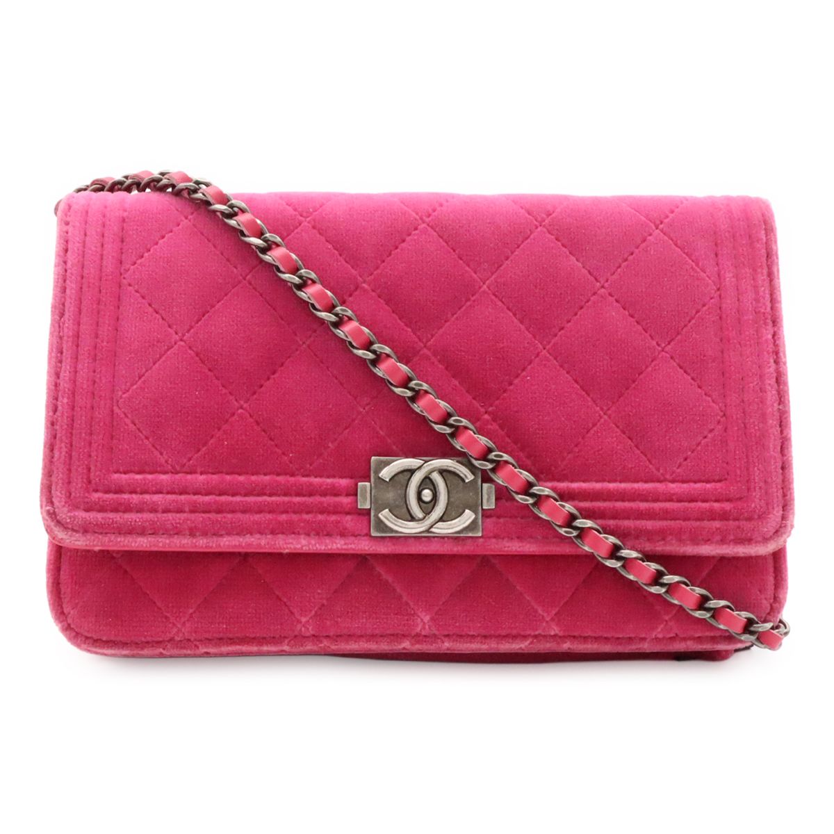 Chanel Boy Quilted CC Logo Chain Wallet Shoulder Bag Crossbody Velour Leather