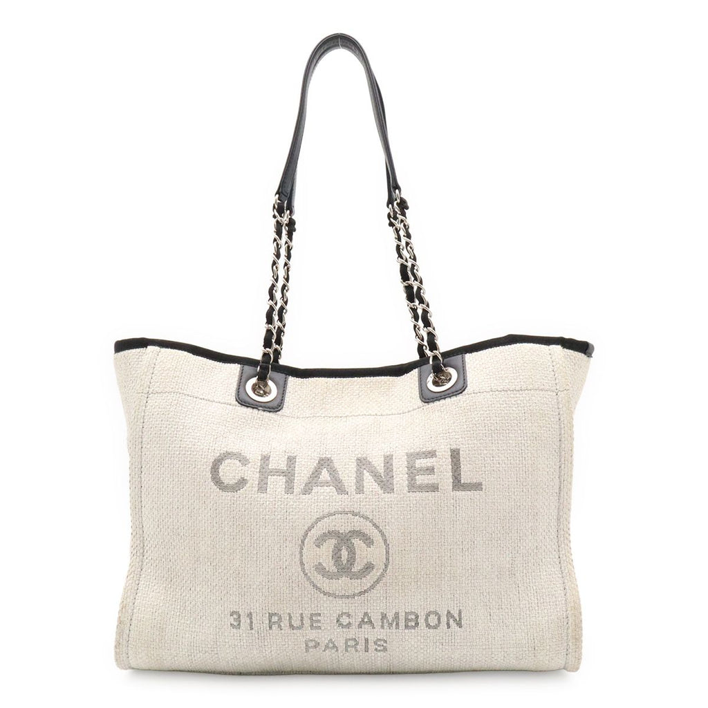 Chanel Deauville Line Tote MM Shoulder Bag Chain Raffia Light Gray Black