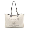 Chanel Deauville Line Tote MM Shoulder Bag Chain Raffia Light Gray Black