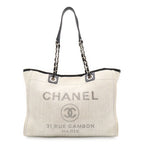 Chanel Deauville Line Tote MM Shoulder Bag Chain Raffia Light Gray Black
