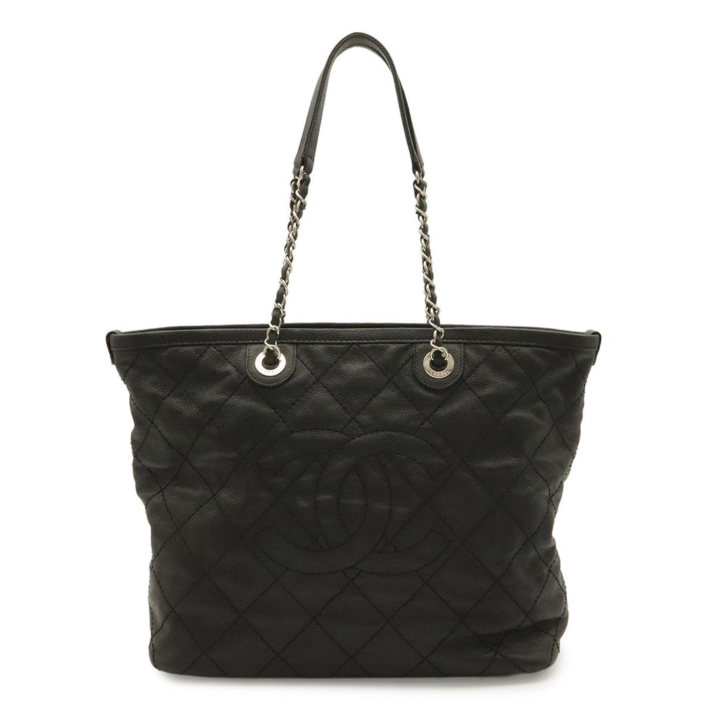 Chanel Quilted CC Logo Chain Tote Shoulder Bag Caviar Leather Black Silver