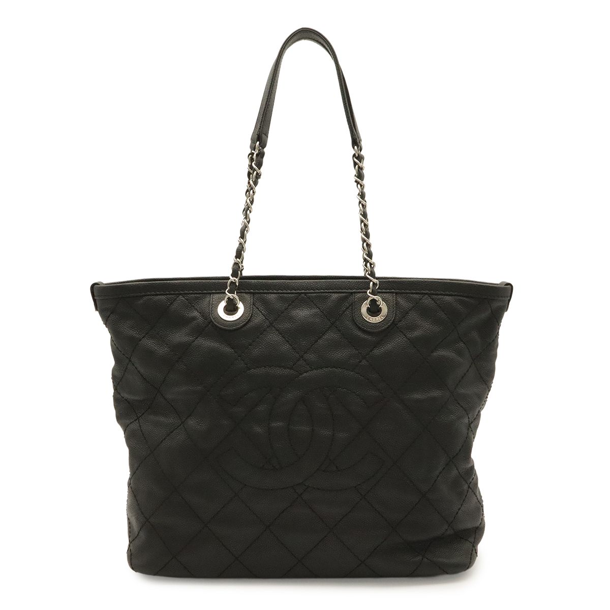 Chanel Quilted CC Logo Chain Tote Shoulder Bag Caviar Leather Black Silver