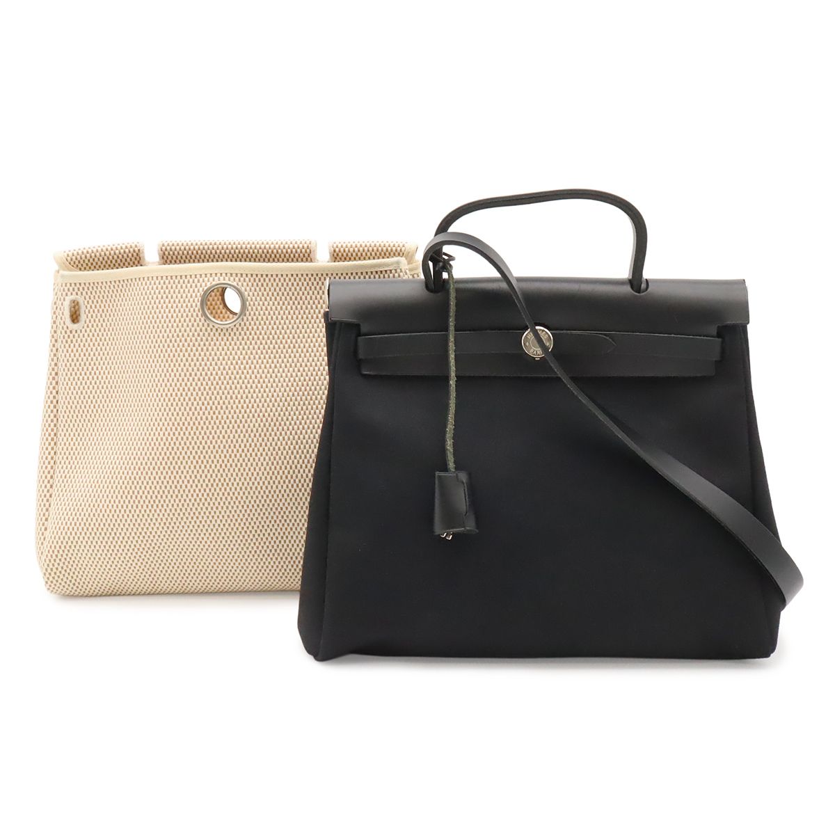 Hermes Herbag PM 2-Way Shoulder Bag Toile GM Leather Beige Black Light Brown