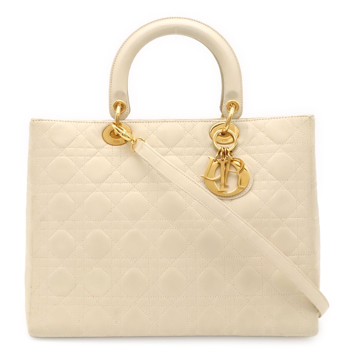 Dior Lady Cannage 2-Way Shoulder Bag Leather White Gold