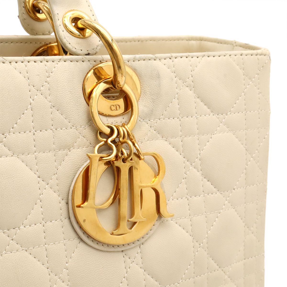Dior Lady Cannage 2-Way Shoulder Bag Leather White Gold — view 9