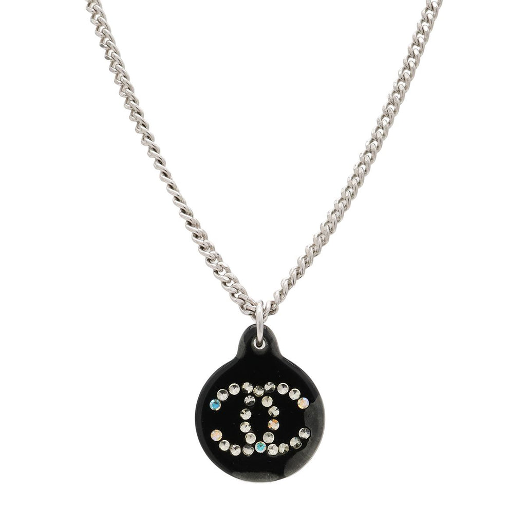 Chanel CC Logo CC Mark Pendant Metal Rhinestone Black Silver