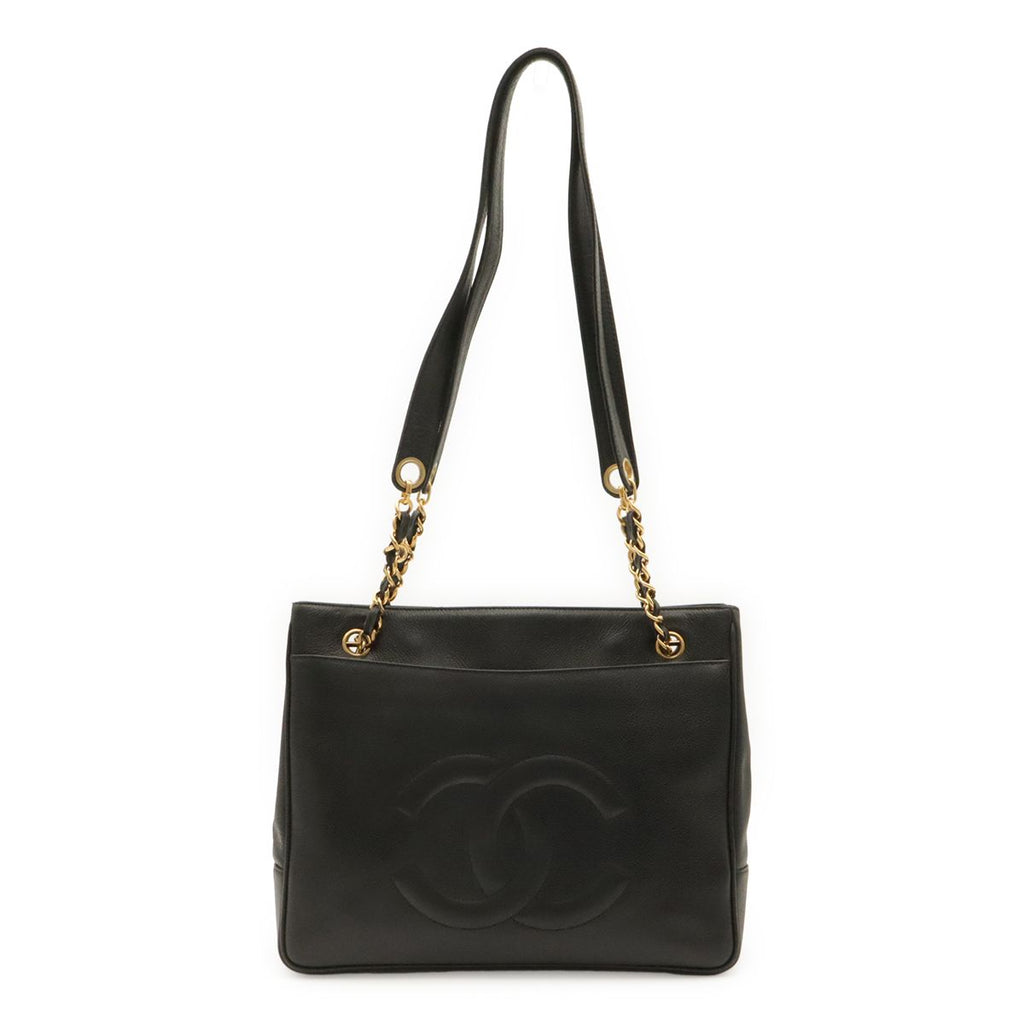 Chanel CC Logo Chain Tote Shoulder Bag Caviar Leather Black Gold