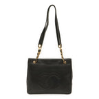 Chanel CC Logo Chain Tote Shoulder Bag Caviar Leather Black Gold