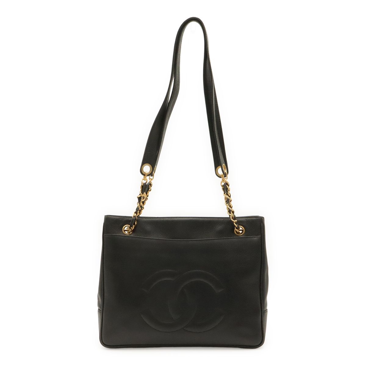 Chanel CC Logo Chain Tote Shoulder Bag Caviar Leather Black Gold