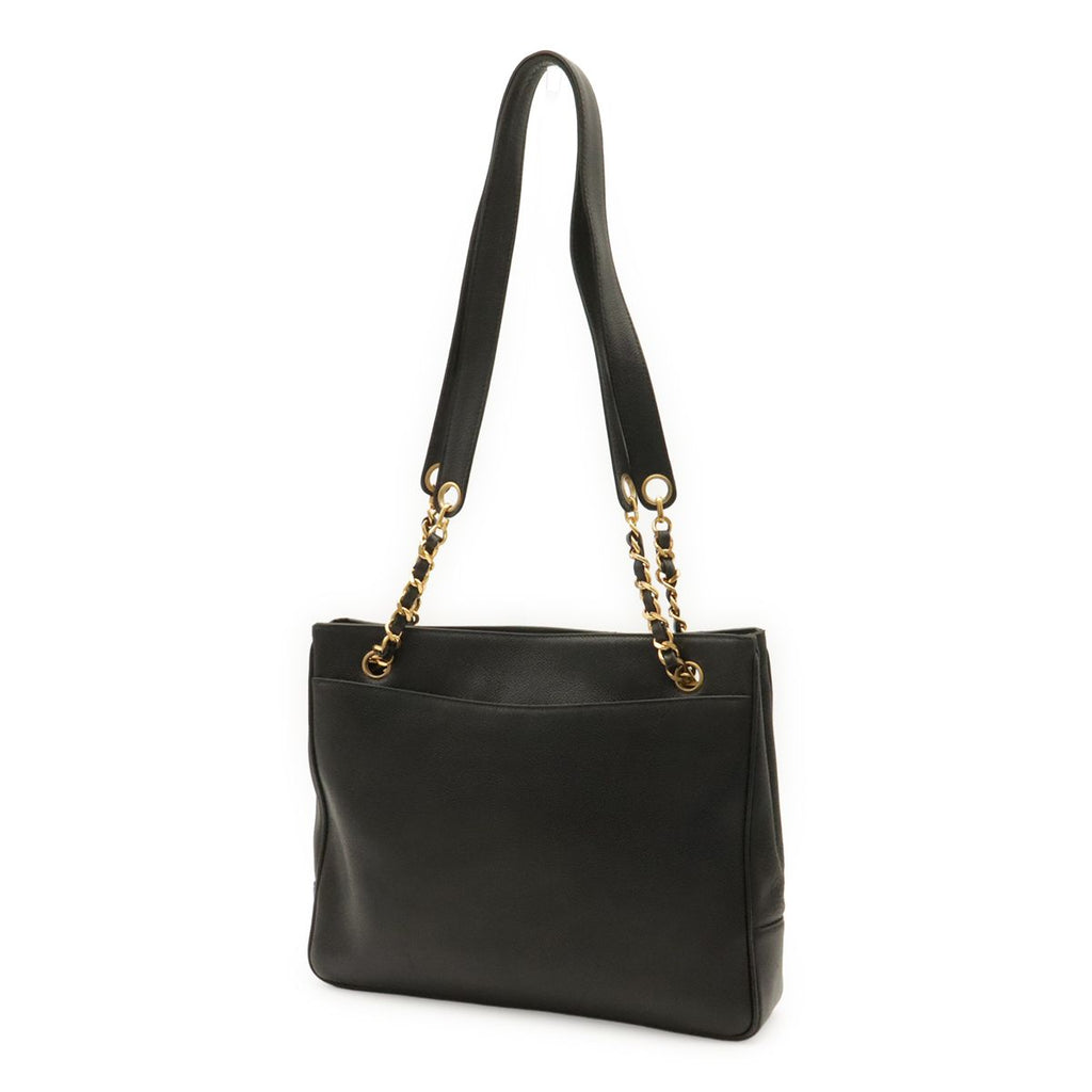 Chanel CC Logo Chain Tote Shoulder Bag Caviar Leather Black Gold — view 2