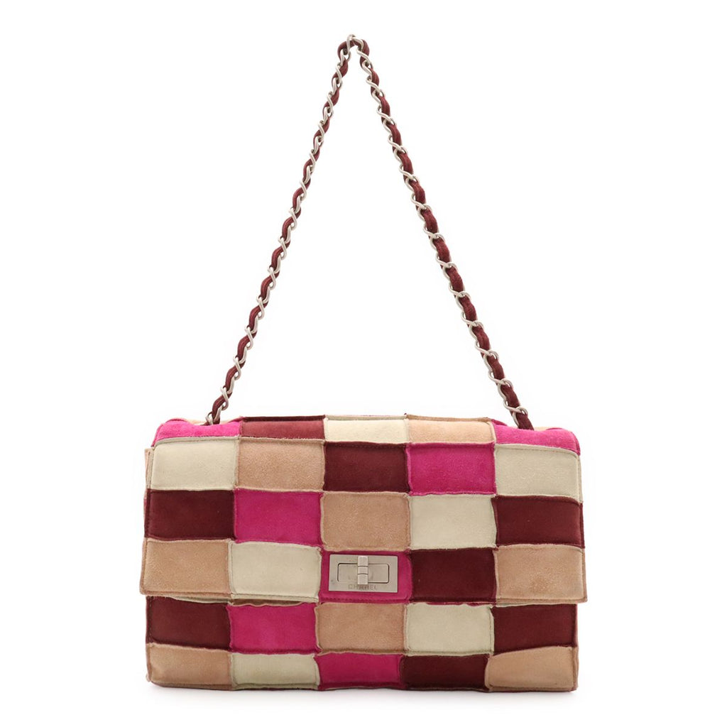 Chanel 2.55 Patchwork Chain Shoulder Bag Suede Beige Pink Bordeaux Silver