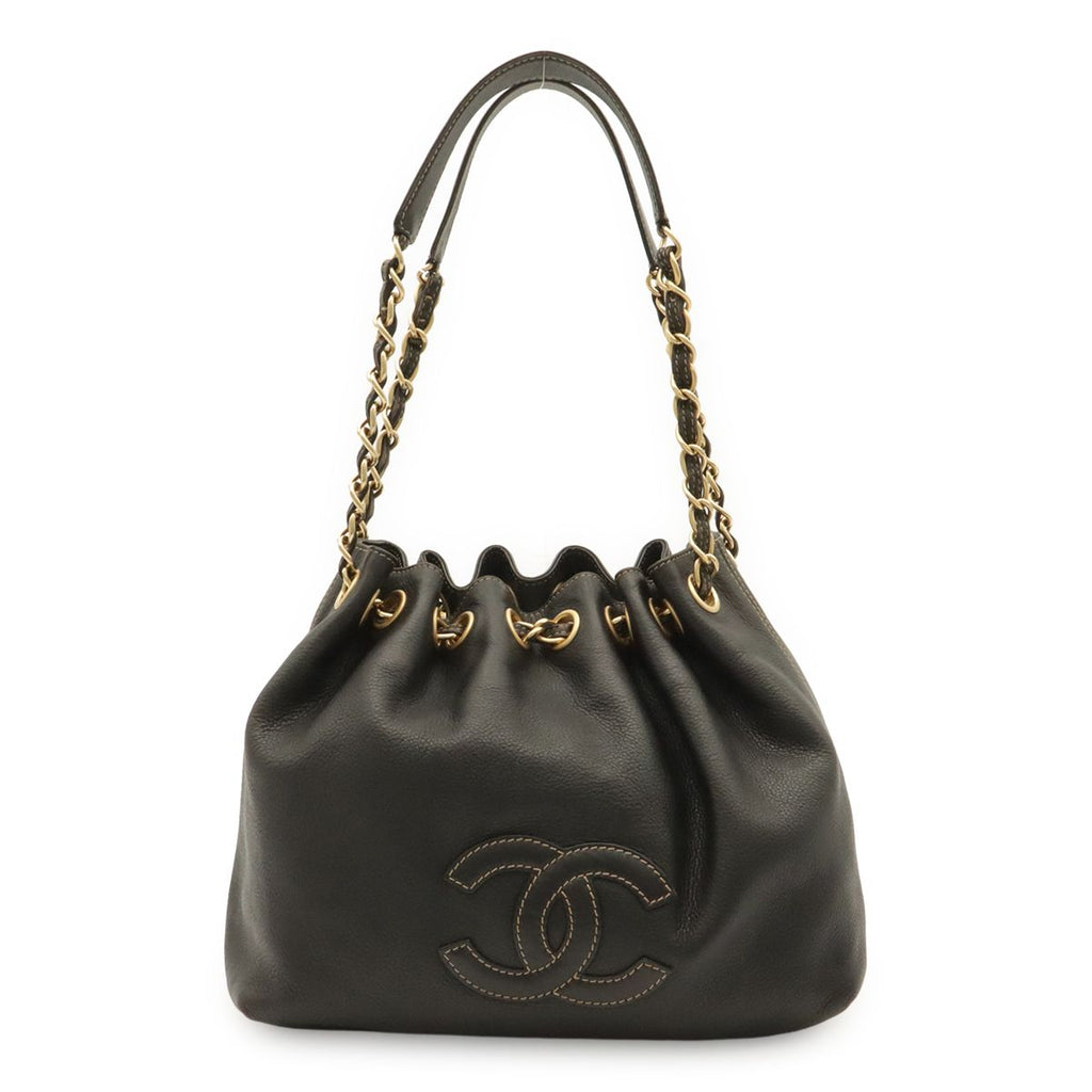 Chanel CC Logo Chain Shoulder Bag Drawstring Caviar Leather Black Gold