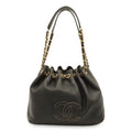 Chanel CC Logo Chain Shoulder Bag Drawstring Caviar Leather Black Gold