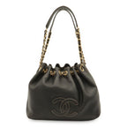 Chanel CC Logo Chain Shoulder Bag Drawstring Caviar Leather Black Gold