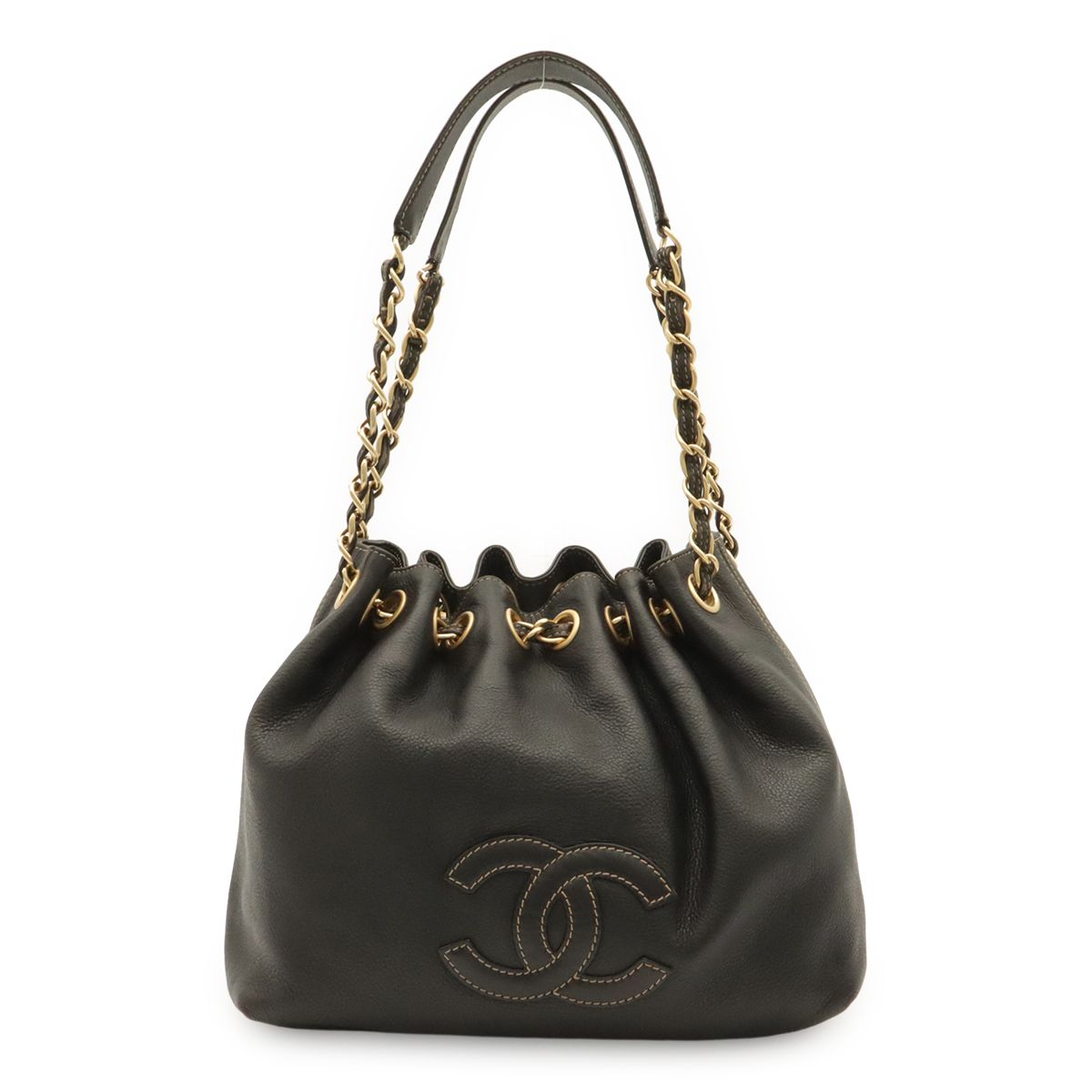 Chanel CC Logo Chain Shoulder Bag Drawstring Caviar Leather Black Gold