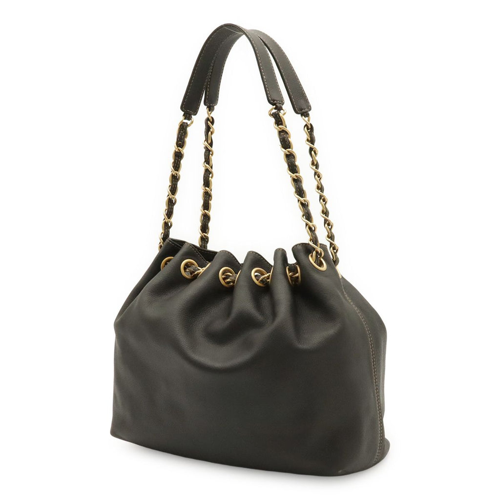 Chanel CC Logo Chain Shoulder Bag Drawstring Caviar Leather Black Gold — view 2