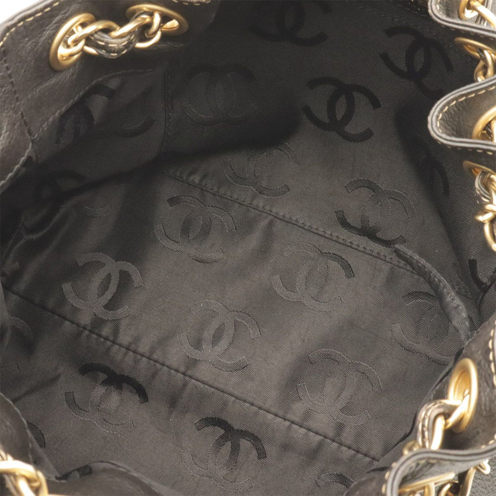 Chanel CC Logo Chain Shoulder Bag Drawstring Caviar Leather Black Gold — view 6