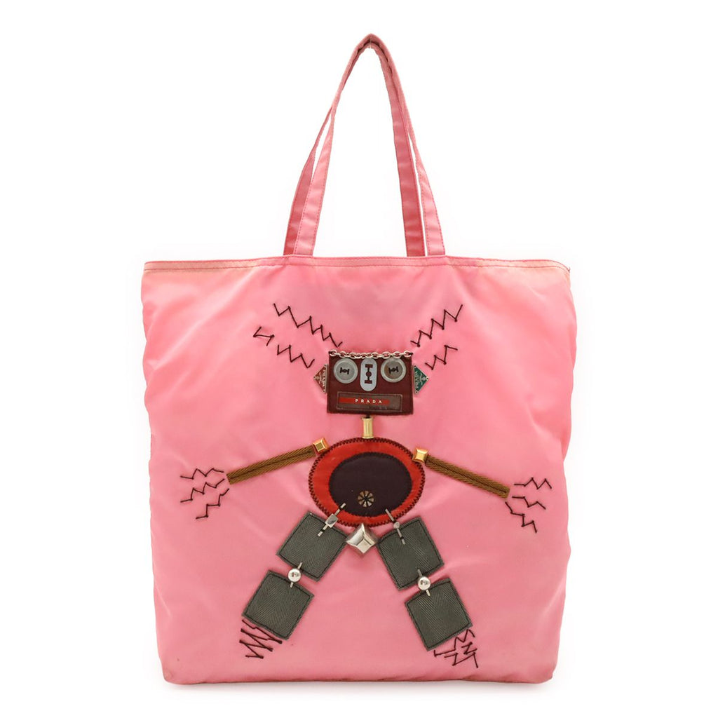 Prada Robot Triangle Logo Tote Large Shoulder Bag Nylon Pink