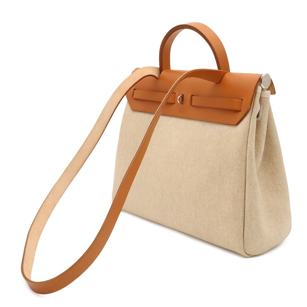 Hermes Herbag PM 2-Way Shoulder Bag Toile Ash Leather Natural Light Brown Black — view 2