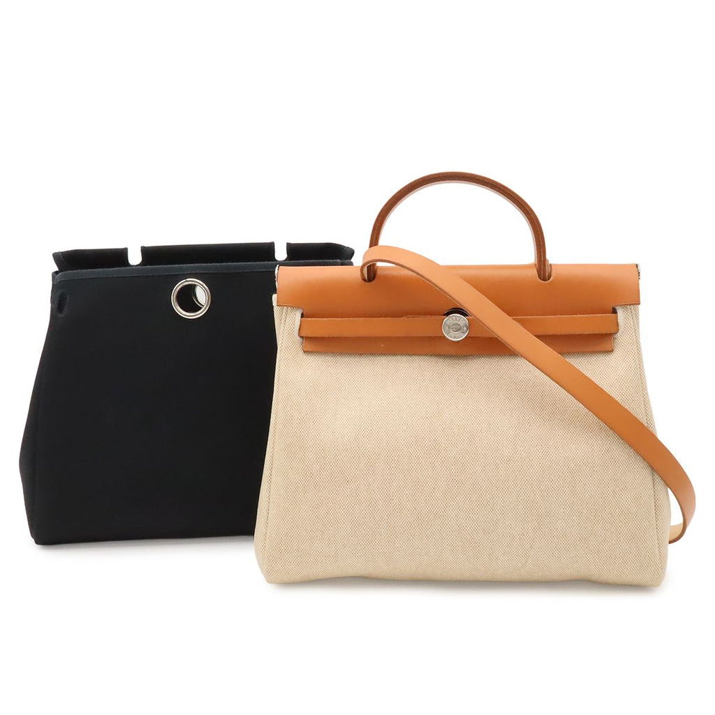 Hermes Herbag PM 2-Way Shoulder Bag Toile Ash Leather Natural Light Brown Black