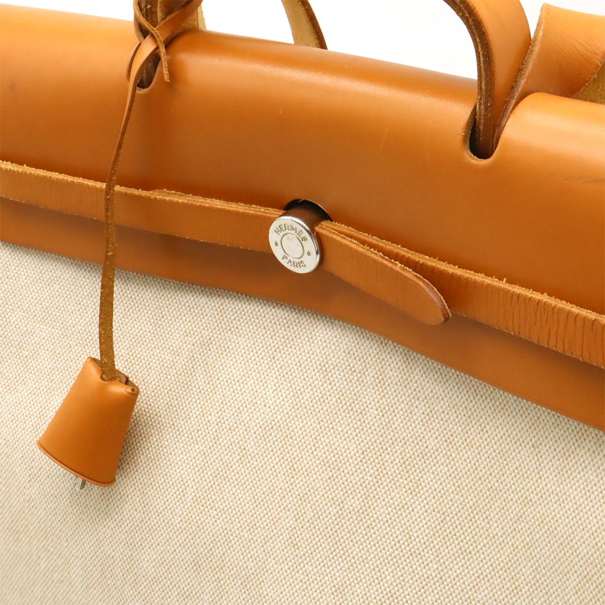 Hermes Herbag MM 2-Way Shoulder Bag Toile Ash Leather Natural Camel Silver — view 7