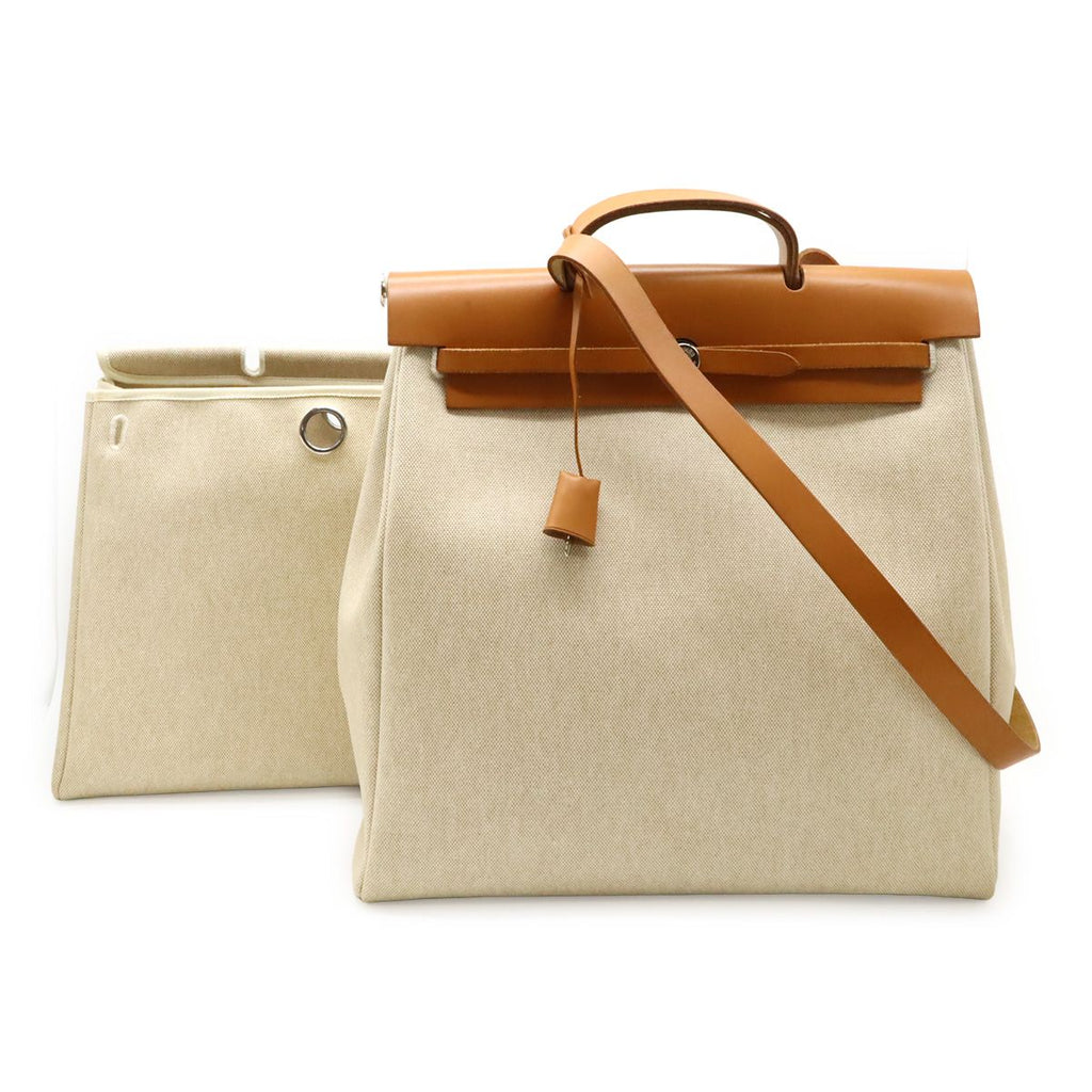 Hermes Herbag MM 2-Way Shoulder Bag Toile Ash Leather Natural Camel Silver