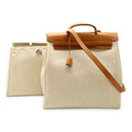 Hermes Herbag MM 2-Way Shoulder Bag Toile Ash Leather Natural Camel Silver