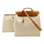 Hermes Herbag MM 2-Way Shoulder Bag Toile Ash Leather Natural Camel Silver