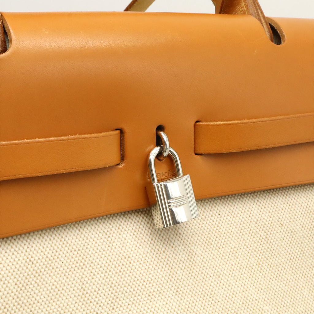 Hermes Herbag MM 2-Way Shoulder Bag Toile Ash Leather Natural Camel Silver — view 6
