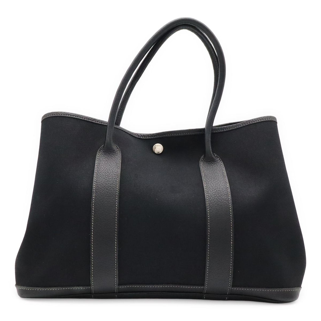 Hermes Garden Party PM Tote Shoulder Bag Toile Officier Leather Black
