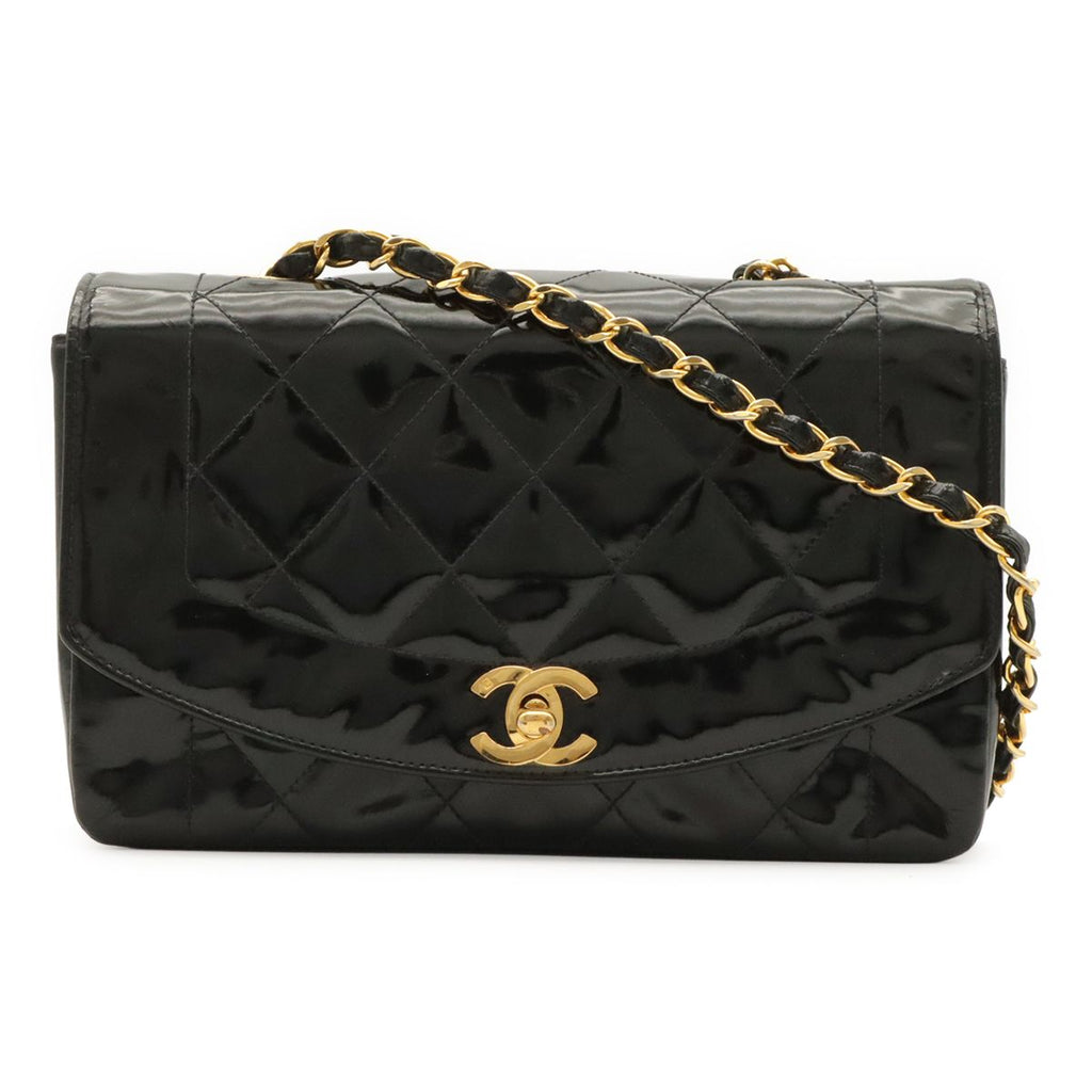 Chanel Diana Quilted CC Logo Chain Shoulder Bag Enamel Lambskin Black Gold